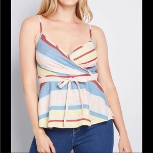 Modcloth Sunny Sunday linen blend faux wrap top colorful striped XS